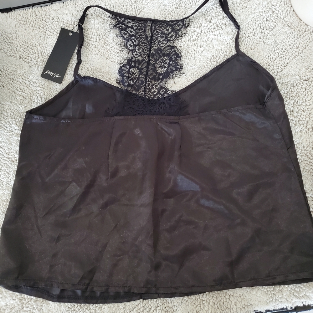 NWT NASTY GAL Sz M Black Silky Cami Top Spaghetti Straps Eyelash Lace T-Back Y2K - Picture 2 of 16